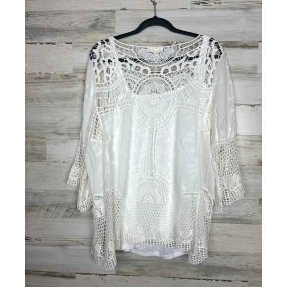 Adiva Teal white Crochet Boho Blouse womens Size 2X - New lightweight summer top - Picture 2 of 5